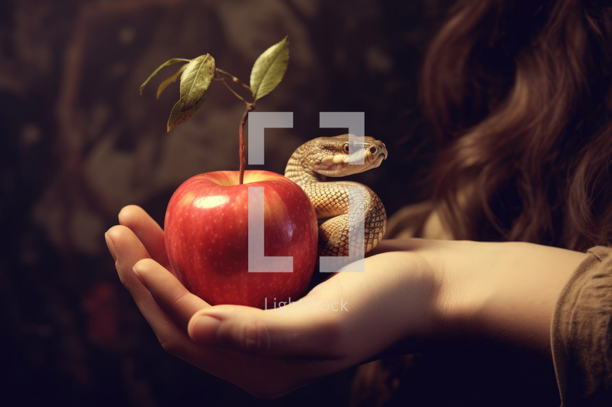 The original sin, the forbidden fruit. Hand holding an apple and a snake on a dark background.