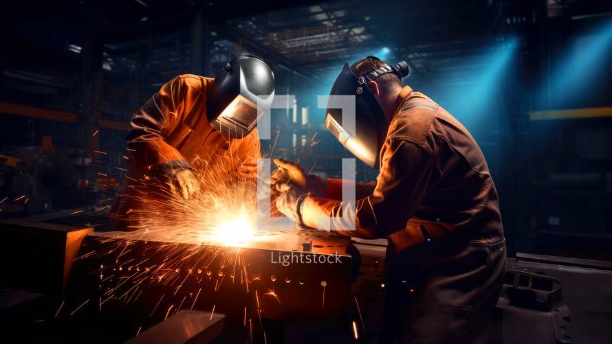 Industrial workers in safety mask and protective mask welding steel structure in factory