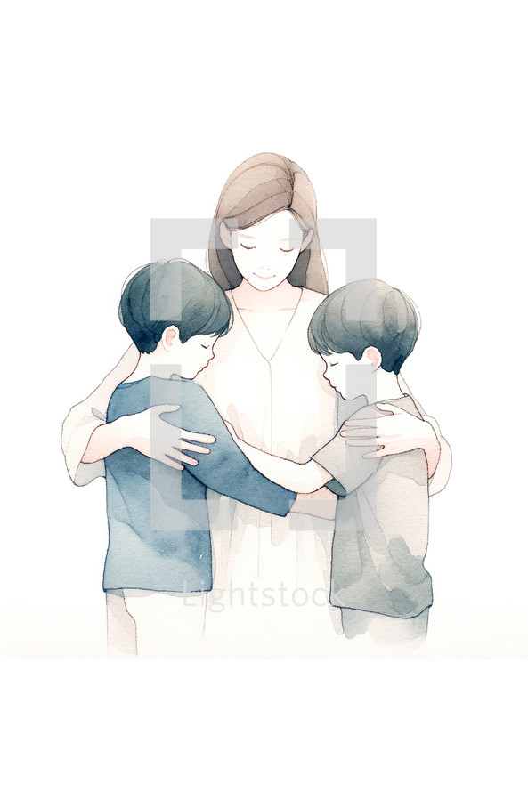  Mother with her two children. Watercolor illustration on white background.