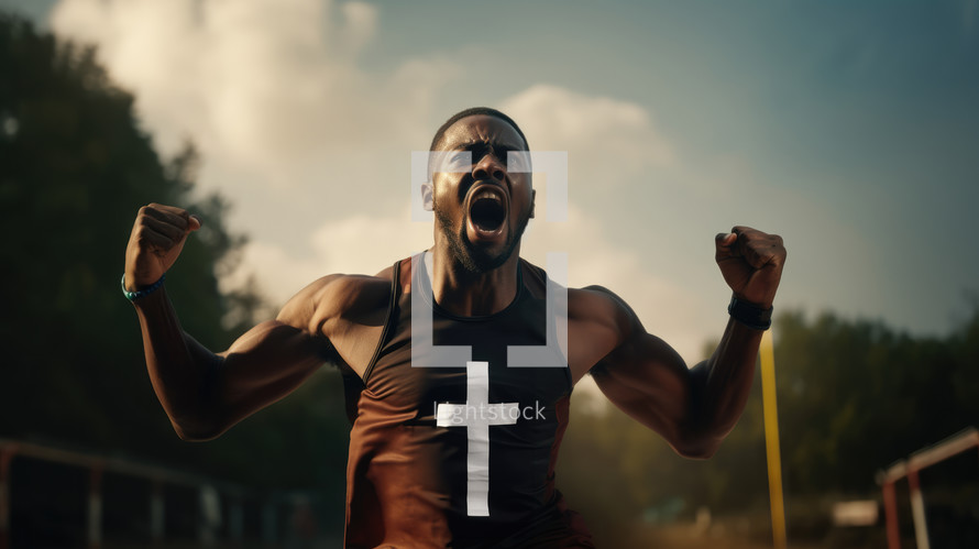 Athletic black man with a cross on his tank top celebrating victory, at the finish line on a sunny day, sky background