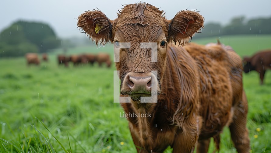 Close up view of a wet brown cow in a lush green meadow