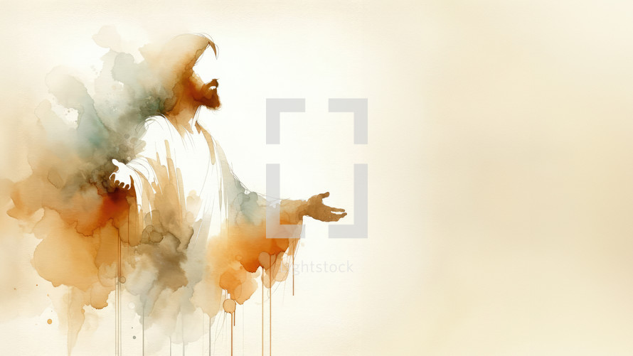Jesus Christ in worship. Abstract watercolor background. Digital watercolor painting.