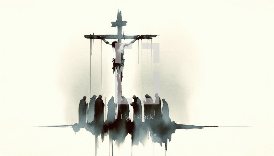 Jesus dies on the Cross. The Crucifixion and Death of Jesus. Digital watercolor painting.