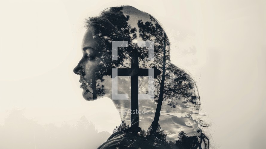 Double exposure portrait of woman and trees and cross. Christian concept.