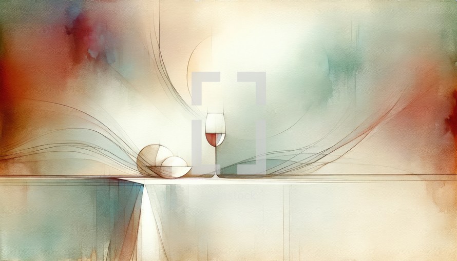 Eucharistic symbols. Lord's supper symbols: Abstract background with wine and bread on table. Digital watercolor painting.