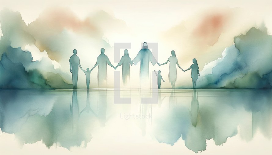 People holding hands with Jesus Christ. Digital watercolor painting.
