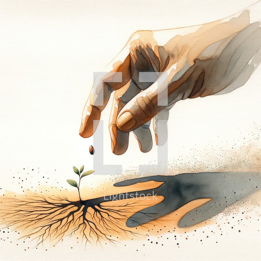 The mustard seed. Human hand planting on white background. 