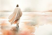 Jesus walking on water. Digital watercolor painting illustration.