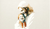 Digital painting of Jesus Christ with baby Jesus, smiling.