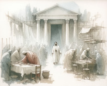 Second Cleansing of the Temple. Passion Monday. Watercolor Biblical Illustration