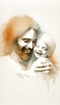 Digital watercolor painting of Jesus Christ with baby Jesus, smiling.