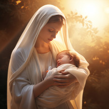The Virgin Mary holding an infant in her arms, bathed in warm sunlight
