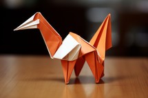 A close-up view of an origami bird placed on a table, showcasing intricate paper folding artistry