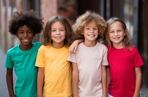 Four children of different races, dressed in colorful T-shirts, smiling and confidently looking at the camera, showcasing the beauty of diversity and unity