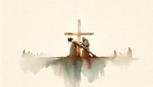 Jesus is taken down from the Cross and given to his Mother. Digital watercolor painting.