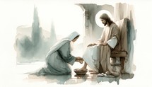Anointed by Mary. Passion Wednesday. Watercolor Biblical Illustration
