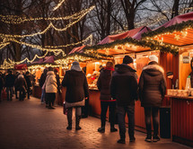A festive Christmas market in Munich with small tents, adorned with colorful lights, and people savoring the holiday spirit. Sip on mulled wine and immerse yourself in the evening ambiance