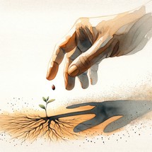 The mustard seed. Human hand planting on white background. 