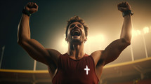 White sportsman celebrating his victory, wearing a tank with a white cross