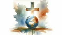 Earth and cross on a white background with watercolor splashes. Watercolor digital painting.