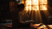 Young woman reading the Bible at home in the sunset light.
