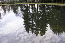 reflection of clouds and trees in lake water 