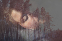 double exposure, forest and woman's face with closed eyes 