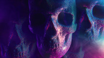 Human skull with neon colorful light. Halloween celebration, mystique, glamour, style concept. Power of symbolism - mortality, rebellion. Exploring life, death, gothic aesthetics. Visual metaphor.