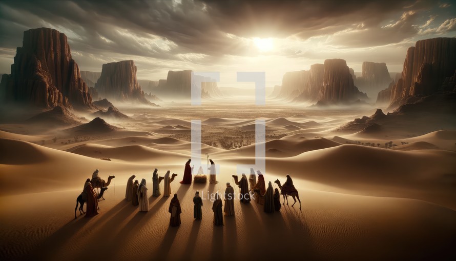 Scene of the three wise men in the desert visiting Jesus