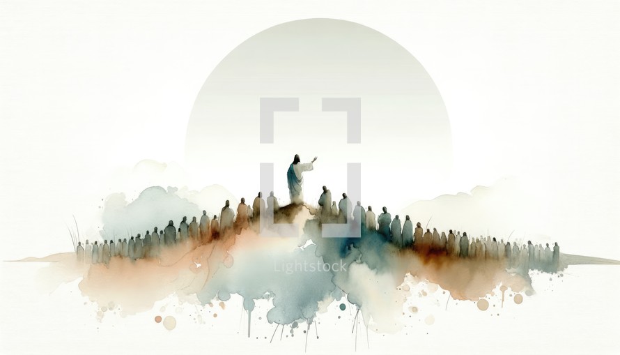 Silhouette of Jesus standing on top of a mountain and preaching to the crowd. Watercolor painting.	