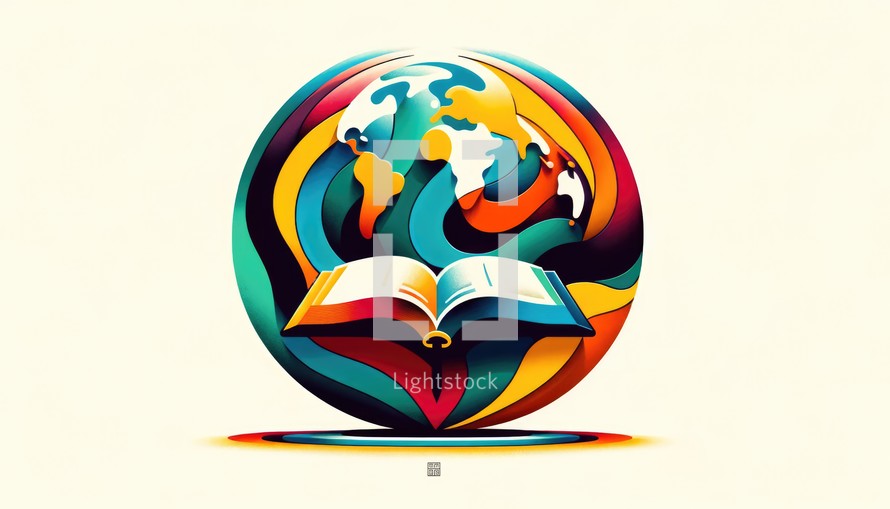 Religious global mission: Spreading the word. Illustration of an open bible or book with a colorful map of the world.	