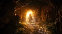 Resurrection. Silhouette of Jesus Christ in the burial cave at sunrise.