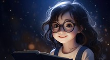 Little girl in glasses reading a book