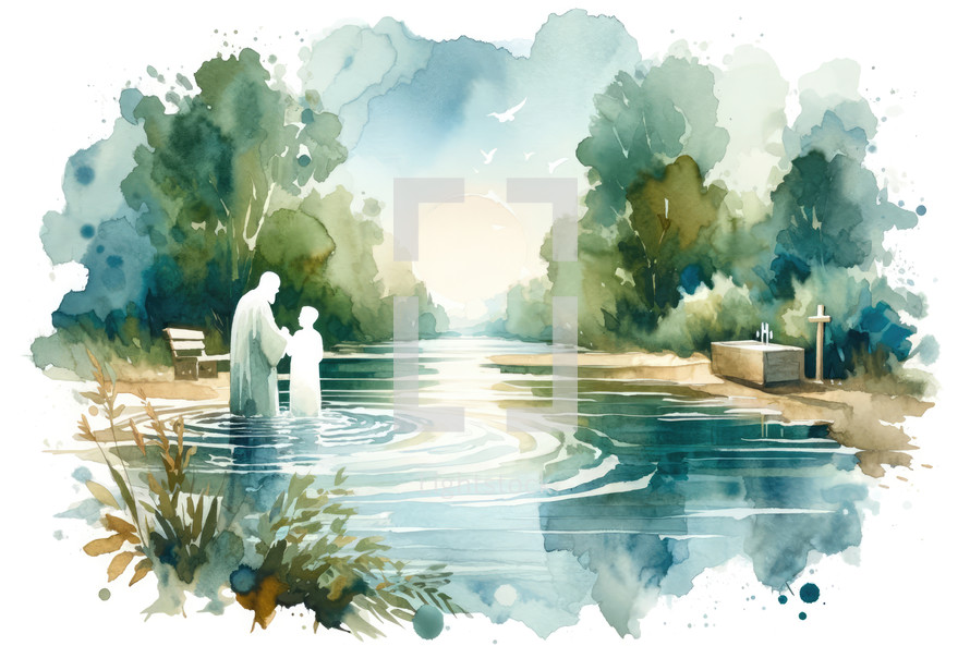 Watercolor painting of a river baptism