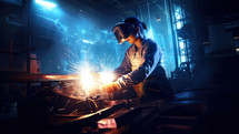 Industrial worker in protective mask welding metal with arc welding machine.
