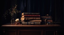Pile of old books on a wooden table. Dark background.