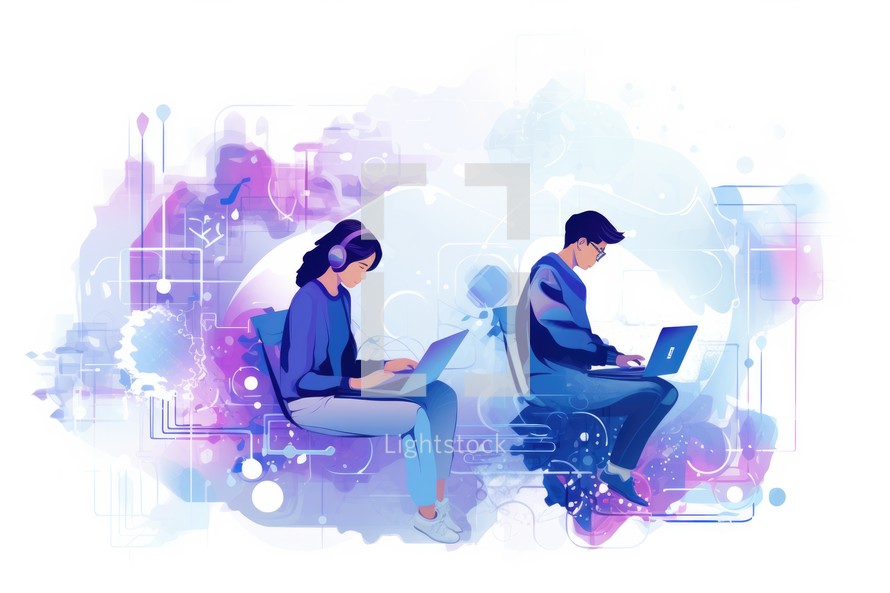 Bible Study. Young man and woman sitting in front of laptop. Vector illustration