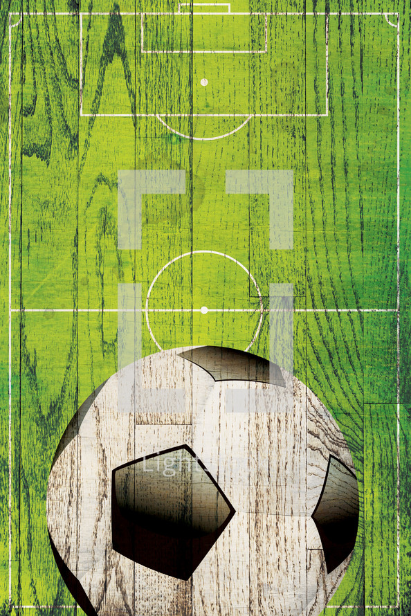 soccer ball and field on a wooden sign 