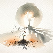 The mustard seed. Watercolor illustration of  a little sprout growing from the ground and a big tree in the background