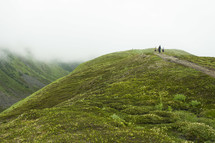 people hiking on a green mountaintop 