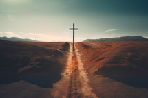 Cross on the road. Desert mountains and hills in the background.