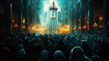 Crowd of people praying in the church at night with fog and light.
