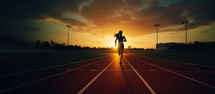 Athlete running on racetrack at sunset. 