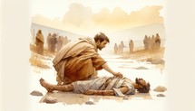 Parable of the Good Samaritan. 13th Parable of Jesus Christ. Watercolor Biblical Illustration