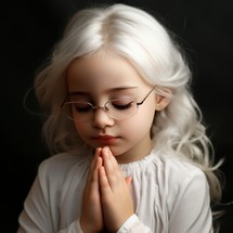 Girl with silver-white hair and glasses prays against a black background