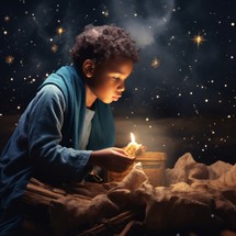 Dark-skinned boy in traditional attire lights a wooden box in serene nativity scene. Face illuminated, showing reverence and devotion.
