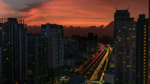 Bangkok cityscape with flame-coloured sky