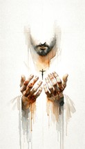 Sacred Scars: The Stigmata of Christ. Hands of Jesus Christ with cross and blood on white paper background. Digital watercolor painting.