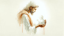 Digital painting of Jesus Christ with baby in the hands, watercolor illustration.