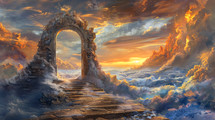 Gates of Heaven. Fantasy landscape with an arch in the clouds at sunrise.